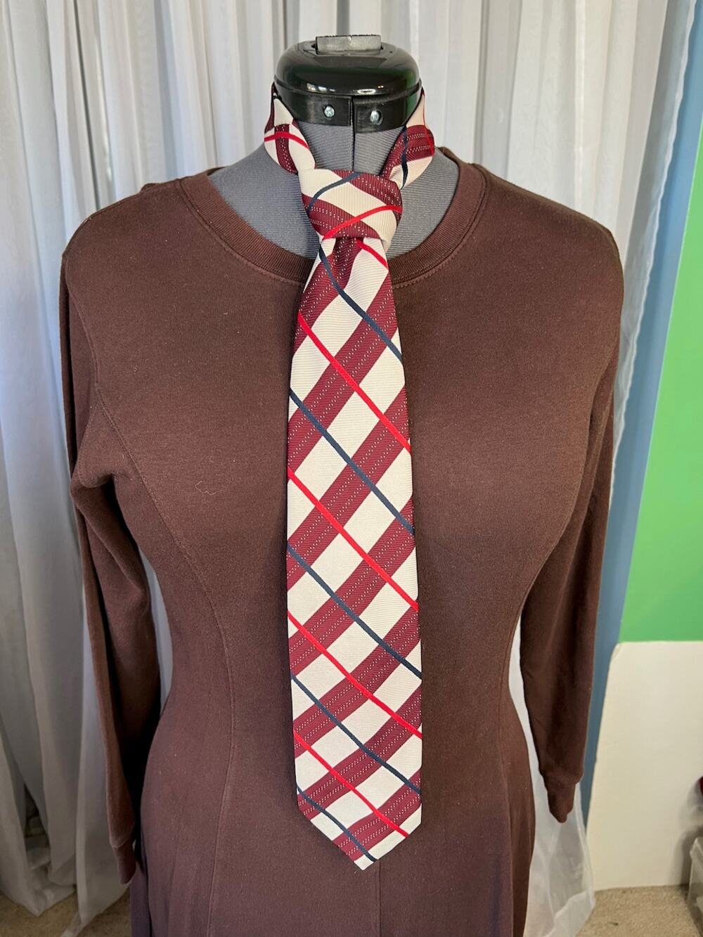 tie vintage plaid red maroon blue cream